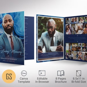 Blue Marble Funeral Program Template: Editable Canva Obituary (11x17&quot;, 8 Pages)