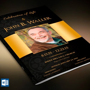 Black Gold Dignity Funeral Program Template, Word Template, Publisher, Celebration of Life, 8 Pages 5.5x8.5 inches image 1