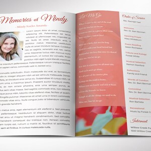 Cherry Funeral Program Word and Publisher Template has 8 pages and is designed with a Bougainvillea Flower and red cherry color. The Print Size is 11x8.5 inches, and it is Bi-fold to 5.5x8.5 inches. Designed for a funeral or memorial service.