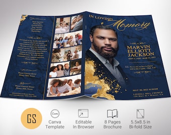 Classic Funeral Program Template, Canva, Navy Blue Gold, Magazine-Style, Obituary Template, Celebration of Life, 8 Pages, 5.5x8.5 in