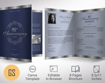 Church Anniversary Tabloid Program Template for Canva - V1 | Blue Silver | Pastor Appreciation | 8 Pages | 11x17 in