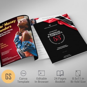 May include: A bi-fold booklet with a red and black cover. The left side features a woman and text that reads "Mo' Money Lenders." The right side celebrates Trinidad & Tobago's 53rd Anniversary of Independence. Includes Canva template and 8.5x11 in size.