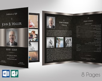 Black Silver Tabloid Funeral Program Template | Word Template, Publisher | Celebration of Life | 8 Pages | 11x17 in
