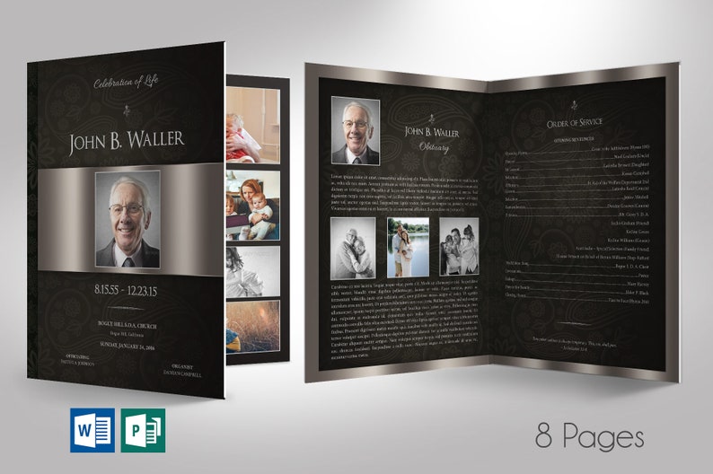 Black Silver Tabloid Funeral Program Template Word Template, Publisher Celebration of Life 8 Pages 11x17 in image 1