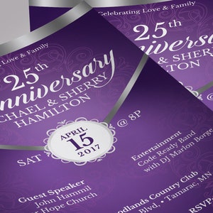 Purple Silver Anniversary Flyer Template - Word and Publisher is 5.5x8.5 inches. The Banquet Invitation is created with a deep lavender background and highlighted with silver. Great for church anniversaries, wedding anniversaries, pastor appreciation