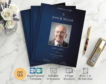 Blue and Silver Funeral Program Template | Word & Publisher: 4-Page Bifold Obituary (8.5x11) Digital Download