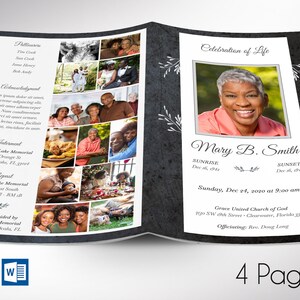 Plantillas para programa de funeral en blanco y negro, Word y Publisher, Graystone, Celebración de la vida de las mujeres, 4 páginas, plegable a 5,5 x 8,5 pulgadas