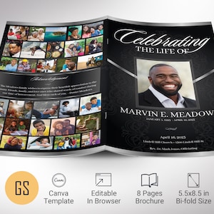 Plantilla de programa de funeral de victoria para Canva, negro y plateado, celebración de la vida, plantilla de obituario para hombres, 8 páginas, plegable de 5,5 x 8,5 pulgadas