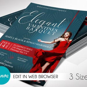 Elegant Valentines Day Banquet Flyer Template Canva is a Red and Teal design. An invitation that is perfect for Fundraiser Banquets, Party Invites, and non-profit organizations' events. The Fundraiser Banquet Invitation is available in 3 sizes