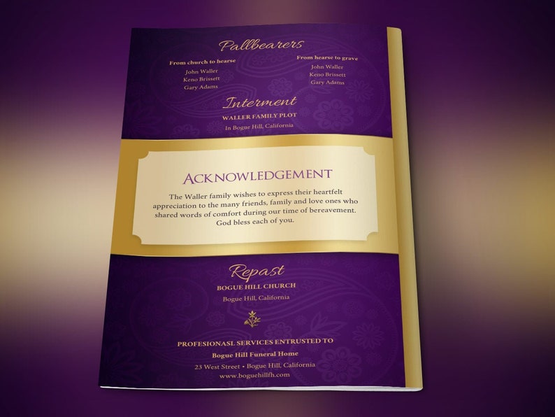 Purple Gold Regal Funeral Program Template Word Template, Publisher Celebration of Life 8 Pages 5.5x8.5 inches image 10