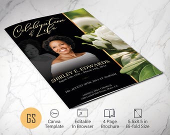 White Rose Funeral Program Template: 4 Page 5.5x8.5 Bifold Obituary for Canva (Digital Download)