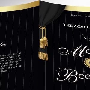 The Musical Event Program Template for Canva has 4 Pages. It features a black and gold background with gold decals and a pair of tassels. The Print Size of 11x8.5 inches is Bifold to 5.5x8.5 inches. The concert program is a bi-fold brochure