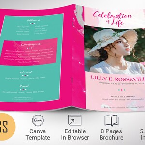 Teal Fuchsia Funeral Program Template: Celebration of Life (Canva, 5.5x8.5, 8-Page)