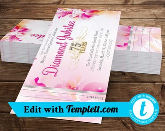 Fuchsia Diamond Jubilee Ticket Template for Templett, Church Anniversary, Pastor Anniversary Banquet Ticket | Size 7x3 inches