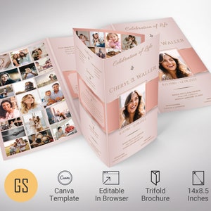 Rosegoldfarbene rechtliche dreifache Beerdigung Programm Canva Vorlage, Feier des Lebens, Frauen Nachruf Vorlage, digitaler Download, 14x8,5 Zoll, V2