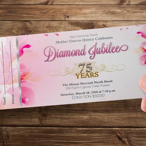 Church Anniversary Ticket Template for Word and Publisher, Fuchsia and Pink Banquet Ticket, Pastor Gala 7x3 inches image 3