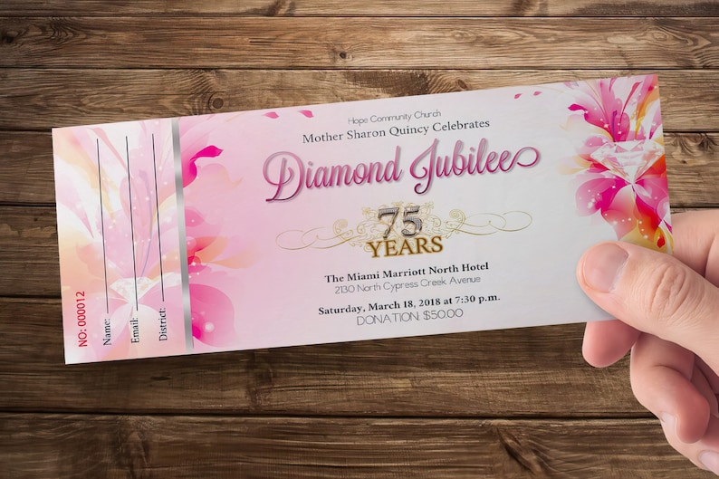 Church Anniversary Ticket Template for Word and Publisher, Fuchsia and Pink Banquet Ticket, Pastor Gala 7x3 inches image 3