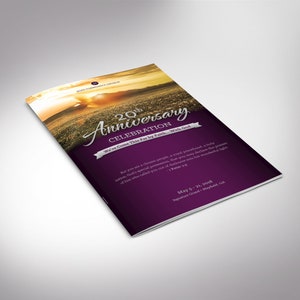 May include: A purple and gold program for a 20th anniversary celebration. The program features a sunset over a field of flowers and the text "20th Anniversary Celebration We've Come This Far by Faith... With God". The program is for May 5-21, 2018 at the Signature Grand in Mayfield, GA.