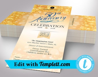 Church Anniversary Ticket Template for Templett | Pastor Appreciation, Fundraiser Event | Gold and Blue | 3x7 inches