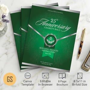 Green & Silver Anniversary Gala Program Template | Canva: 8-Page Bifold Brochure (8.5x11) Digital Download