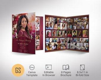 Loving Tabloid Funeral Program Template 2, Canva Template, Burgundy Gold | Celebration of Life | 8 Pages | 11x17 in