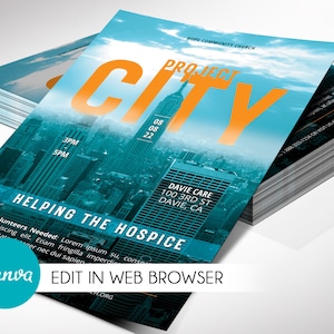 Modelo de folheto de caridade da cidade Canva, cartão postal de convite para missões de igrejas voluntárias, evento de arrecadação de fundos, impressão editável, download digital