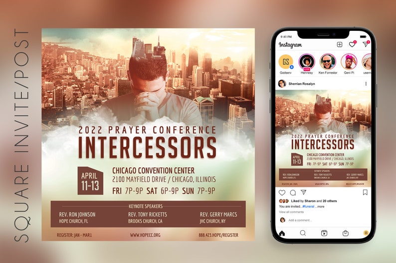 Prayer Conference Invitation Canva Template is a modern design with a scenic composition and saturated color blends that will appeal to a wide demographic. 3 Sizes are included: 1080x1080 pixels, 1080x1920 pixels, and 5 x 5 inches.