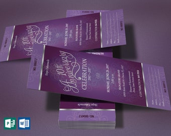 Purple Silver Church Anniversary Ticket Template, Word Template, Publisher, Pastor Anniversary, Banquet Ticket, 3x7 in