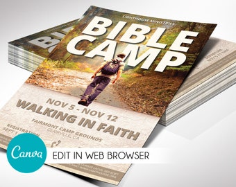 Youth Bible Camp Church Flyer Template, Canva Template | Church Invitation, Summer Camp, 2 Sizes 4x6 | 5.5x8.5 inches