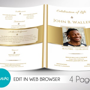 White Gold Funeral Program Template: Celebration of Life, Obituary (Canva, 5.5x8.5 inches)