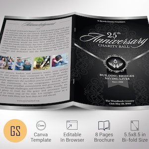 May include: A black and silver bi-fold brochure with a silver ribbon and a silver and black floral design. The text on the front reads "25th Anniversary Charity Ball" and "Building Bridges Saving Lives Since 1992". The Woodlands Country Club May 23, 2023 is also included.