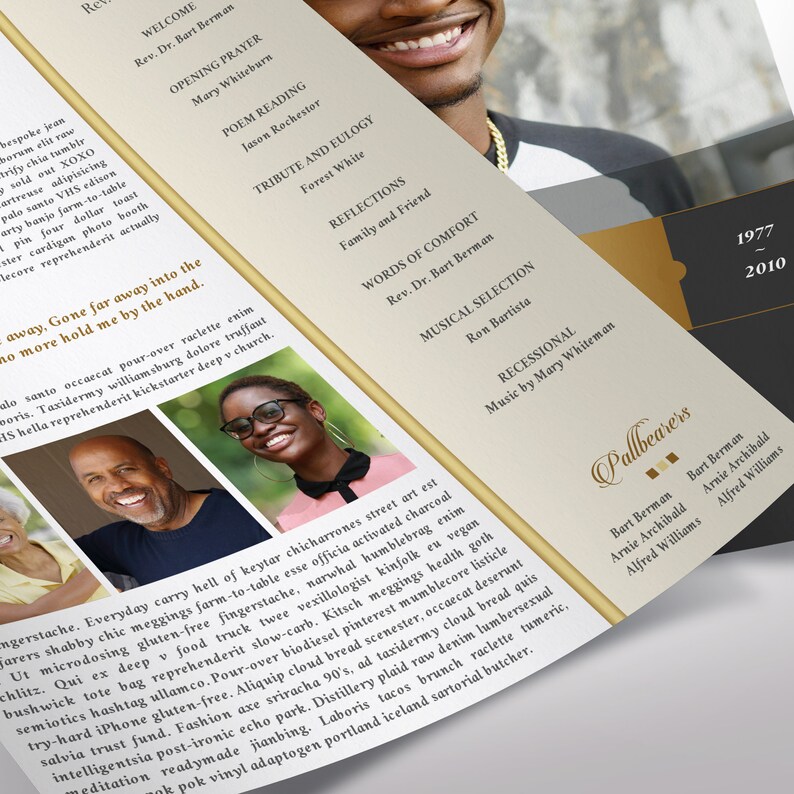 Remember Gold Funeral Program Template, One Sheet Word Template, Publisher Celebration of Life 8.5x11 inches image 8