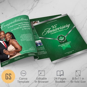 May include: A 24-page bi-fold booklet template measuring 8.5x11 inches, featuring a deep green cover with silver accents. The design includes text for a 25th Anniversary Charity Ball and a photo of a couple, with editable fields for event details.