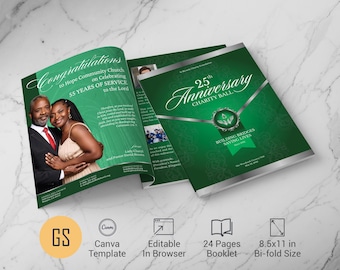 Church Anniversary Souvenir Book Template Green Silver Gala Program Canva 8.5x11, 24 Pages (Digital)