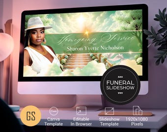 Heaven Stairway Funeral Slideshow Template for Canva, Green & Gold Memorial 32 Slides Video MP4