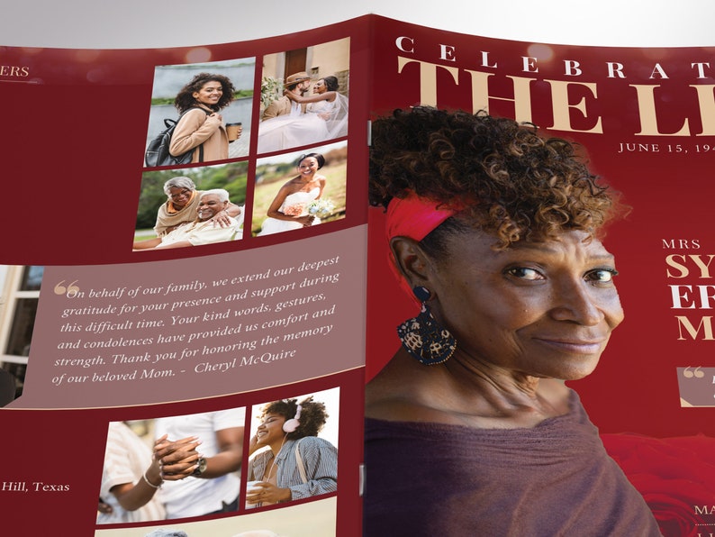 Red Gold Life Funeral Program Template, Canva Template, Magazine Style, Celebration of Life, 8 Pages, 5.5x8.5 in image 8