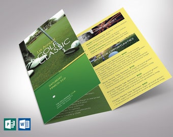 Charity Golf Tournament Brochure Template | Green & Yellow Trifold | Word and Publisher, 11x8.5 in