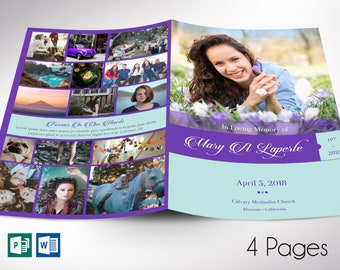 Remember Funeral Program Template, Purple Teal | Word Template, Publisher | Celebration of Life | 4 Pages | 5.5x8.5 in