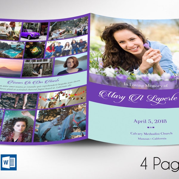 Remember Funeral Program Template, Purple Teal | Word Template, Publisher | Celebration of Life | 4 Pages | 5.5x8.5 in