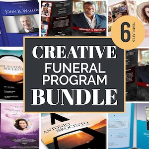 May include: A collage of six different funeral program templates. The templates feature a variety of colors and designs, including black and white, purple and white, and sunset colors. The templates also include text such as "Creative Funeral Program Bundle" and "6 Templates".