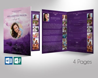 Violet Sky Tabloid Funeral Program Template | Word Template, Publisher | Celebration of Life | 4 Pages | 11x17 inches