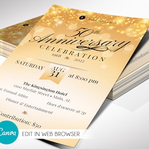 Church Anniversary Invitation Template: Golden Star Design (Canva, 4x6 & Qtr)