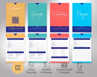 May include: Four connect cards for a church, each with a different color and theme: welcome, groups, volunteers, and prayer. Each card has a QR code, the church logo, and a form to fill out.