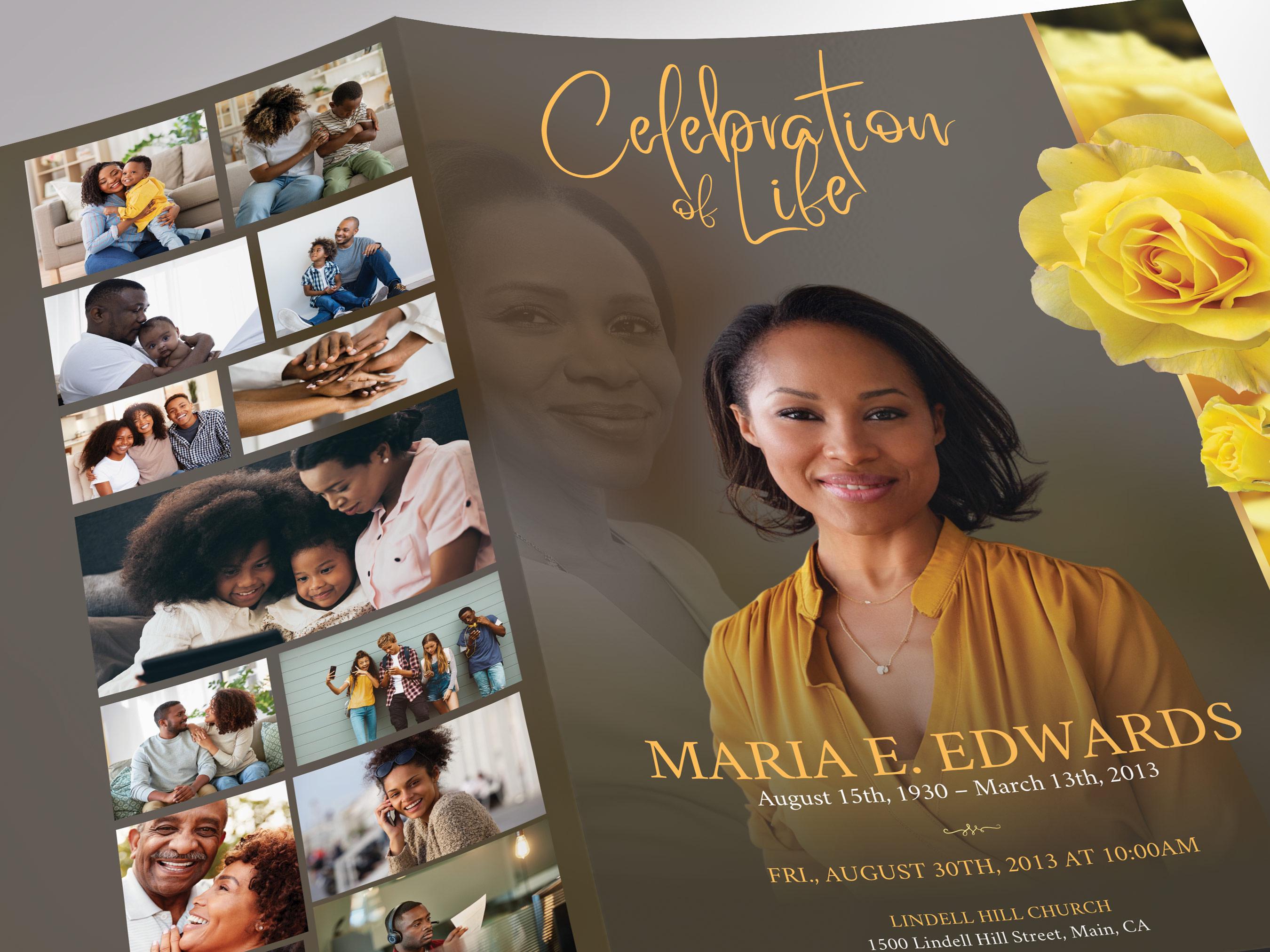 Yellow Roses Funeral Vector Yellow Rose Funeral Program Template | Canva: 8 Page Floral Bifold ...