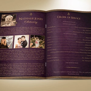 Royal Funeral Program Template, Purple Gold Word Template, Publisher Celebration of Life 8 Pages 5.5x8.5 inches image 9