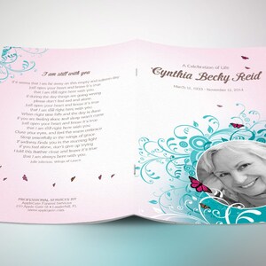 Teal Pink Funeral Program Template, Word Template, Publisher, Butterfly Celebration of Life, Obituary, 4 Pages, 5.5x8.5 in image 3