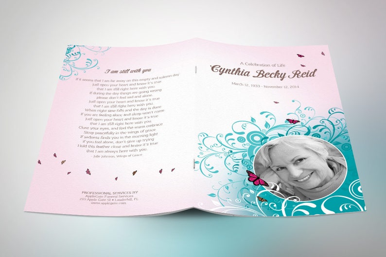 Teal Pink Funeral Program Template, Word Template, Publisher, Butterfly Celebration of Life, Obituary, 4 Pages, 5.5x8.5 in image 3