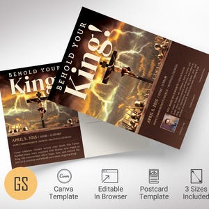 Modello per cartolina di Pasqua "Re Crocifisso" per Canva, invito alla funzione religiosa del Venerdì Santo, domenica di Resurrezione, stampabile, conforme allo standard EDDM