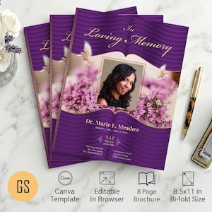 Purple & Gold Waves Funeral Program Template | Canva: 8-Page Bifold Memorial Obituary (8.5x11) Digital Download