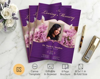 Plantilla de programa funerario con ondas moradas y doradas / Canva: obituario conmemorativo plegable de 8 páginas (8,5 x 11) descarga digital